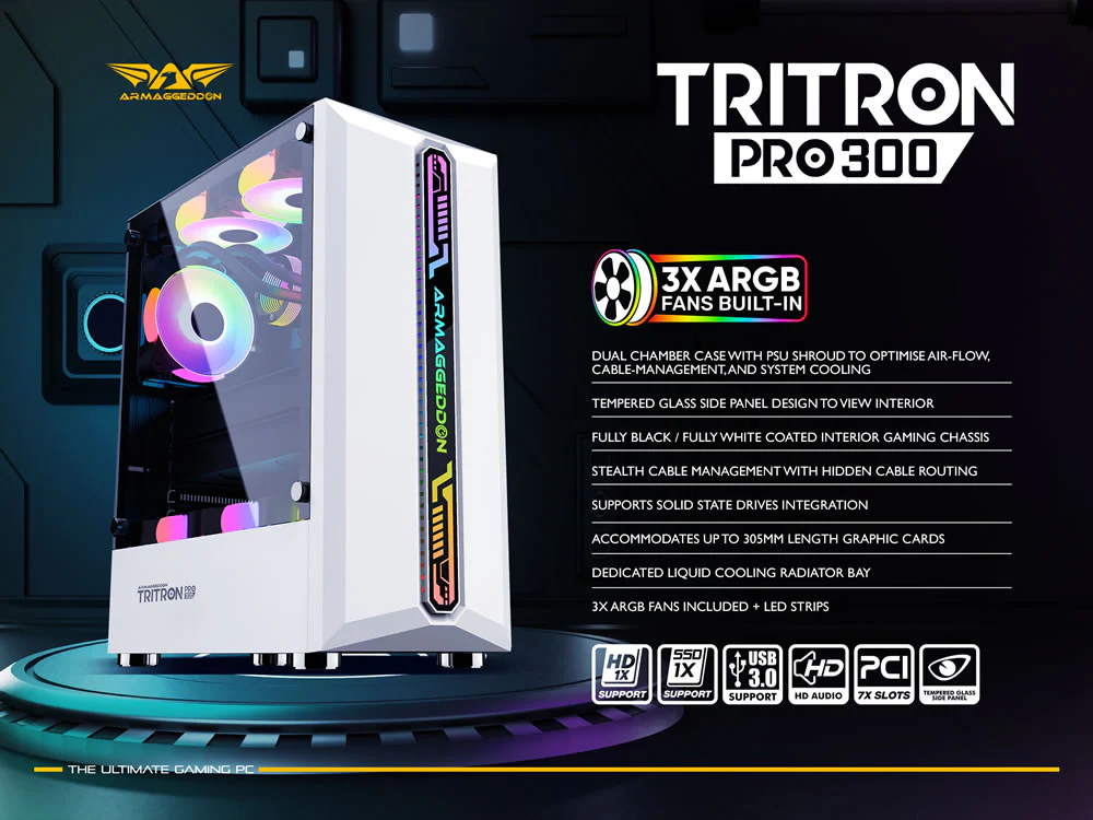 Armaggeddon Tritron Pro 300 ATX Gaming Case with 3x ARGB Fans - Black (NEW SEALED) - Image 3