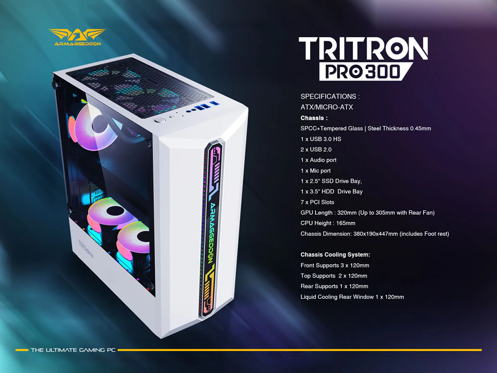 Armaggeddon Tritron Pro 300 ATX Gaming Case with 3x ARGB Fans - Black (NEW SEALED) - Image 7