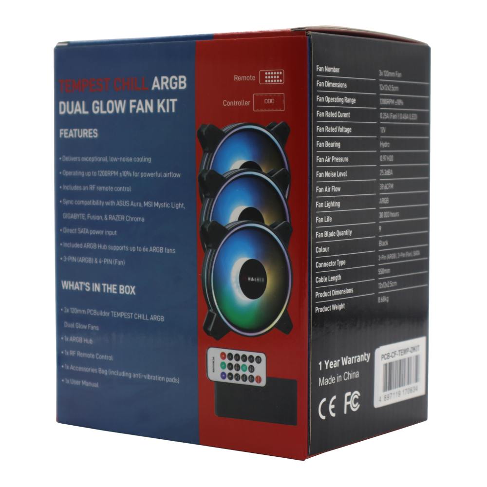PCBuilder Tempest Chill Fan Kit 3x120MM Dual Glow ARGB Fan + Controller + RF Remote (NEW) - Image 4